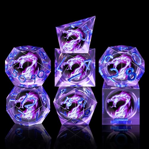 AUSTOR Violet Flame Dragon Dice Set - 7 Pieces Resin Dice: D20, D12, D10, D8, D6, D4 with Case - color: Violet Flame Dragon