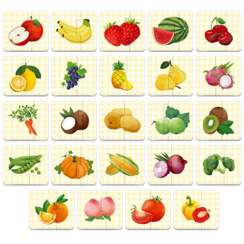 48 Food Matching Puzzles with Error-Correction Mechanism Pre-Primer in 2 Pieces, Perfect for Preschool Learning (24 Blocks Double Sided) - style: Food
