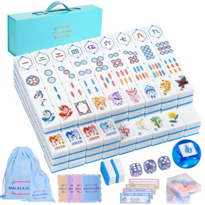 Blue American Mahjong Tile Set, 168 Premium Melamine Tiles | Gift-Ready Set with Storage Bag, Dice, Chips & Accessories for Family Game Nights, Parties, Travel and Vacations - color: Blue