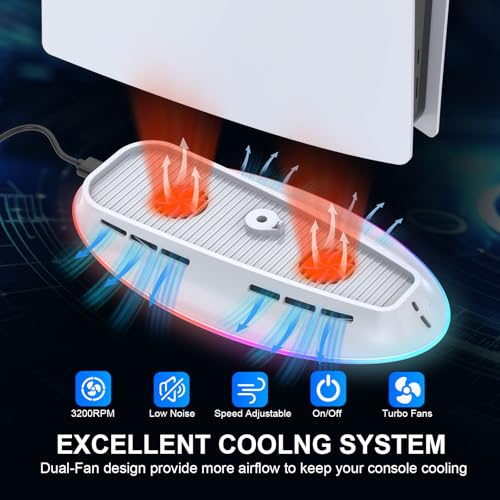 Cooling Fan Base Stand for PS5/PS5 Slim/PS5 Pro 2 Speed Fans Cooling Station with Control＆RGB Light DIY Decoration Game Console Cool Fan Accessories (Black)