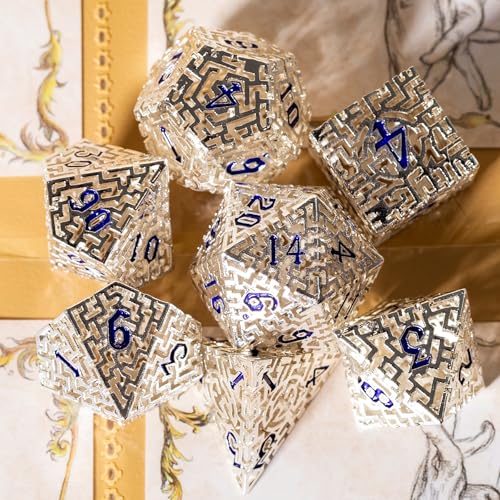 Metal Hollow DND Dice Set with A Gift Box, Silver Metallic Luster Maze Design, Ideal DND Dice Set for D&D DM and Players, Perfect for Dungeons and Dragons, MTG, COC Game Meetings (Cleric) - color: Hollow-silver
