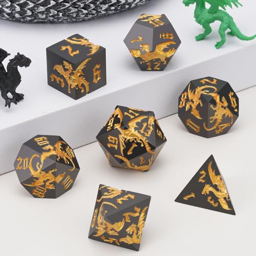 Metal D&D Dragon Dice Set,Metallic DND Polyhedral Dice for Dungeons and Dragons RPG TTRPG D&D 7-Die Set with Gift Case Dragon-Pearl Gun Gold - color: Dragon-pearl Gun Gold