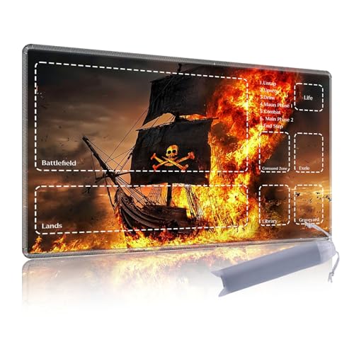 Premium CCG Playmat with 6 Gaming Zones | 28x16 Non-Slip Rubber Surface MTG Mat | Black Play Card Storage Pouch for TCG Playmat | Burning Skull Pirate Boat - color: Burning Skull Pirate Boat, size: 15.7*27.6 in