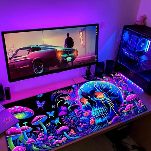 Simpkeely Large Skull Mushroom Gaming Mouse Pad - UV Light Reactive Neon Glow Butterfly Mat Waterproof XL Non-Slip Rubber Base for Computer & Keyboard, 31.5" x 11.8" - color: Skull Mushroom