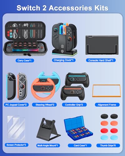 Switch 2 Accessories, Case Budle with Charger, Grip & Wheel for Nintendo 2 | FYOUNG [Charge Inside] Travel Hard Case, Charging Dock, Ergonomic Grip&Steering Wheel for Mario Kart,Tempered Glass -Grey - color: Grey
