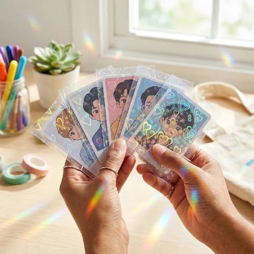 Photocard Sleeves 3.58x2.56 in Love Heart Shape Laser Flashing Holographic Foil Protective Covers for Card Enthusiasts，100 PCS