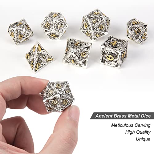 DND Dice,Hollow D&D Metal Dice,Dungeons and Dragons Dice Set with Gift Box,7 PCs Steampunk Polyhedral Dice Games Set for RPG,MTG,Pathfinder,(Dragon Silver Golden) - color: Dragon Silver Golden