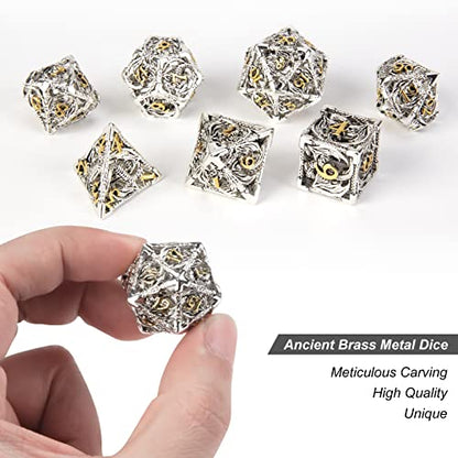 DND Dice,Hollow D&D Metal Dice,Dungeons and Dragons Dice Set with Gift Box,7 PCs Steampunk Polyhedral Dice Games Set for RPG,MTG,Pathfinder,(Dragon Silver Golden) - color: Dragon Silver Golden