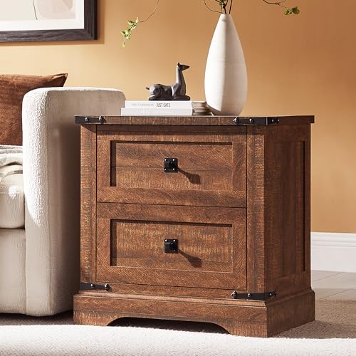 T4TREAM 24" Farmhouse Nightstand with Charging Station, Reclaimed Barnwood | End Table, 2 Large Storage Drawers, Rustic Wood Sofa Bedside Table, Bedroom, Living Room - color: Reclaimed Barnwood, size: 24"W*15.75"D*24"H