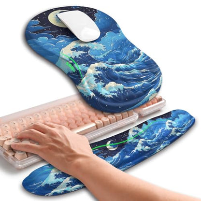 Hokafenle 2in1 Combination, Wave Keyboard Wrist Rest and Ergonomic Curvature Mouse Pad Wrist Support for Relieve Wrist Pain, Filled with Soft Cushion Memory Foam, Crescent Waves - color: Crescent Waves