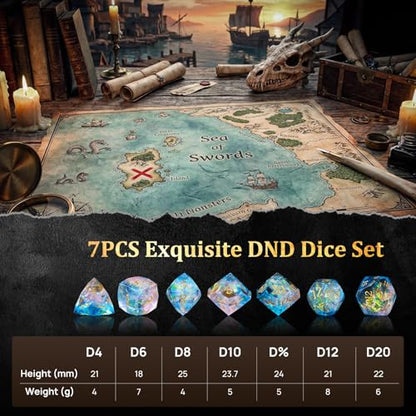 MoKo Resin DND Dice Set, 7PCS Sharp Edge Polyhedral, Pink+Blue | Gold Numbers, D&D RPG Tabletop Games, Gift Box Storage Bag, D20 D12 D10 D8 D6 D4 D% - color: 2 - Pink+blue