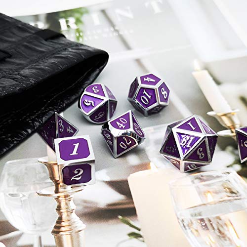 Haxtec Metal DND Dice Set Silver Royal Purple Enamel D&D Dice with Leather Dice Bag Compatible with Dungeons and Dragons TTRPG Gift for DND Lovers Players Masters - color: Silver Purple