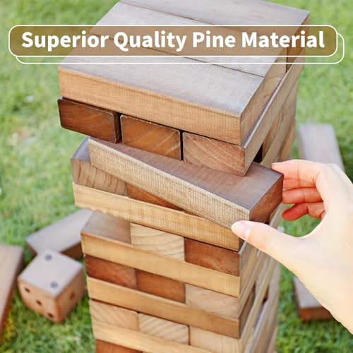ApudArmis Giant Tumble Tower (Stack from 2Ft to Over 4.2Ft), 54 PCS Pine Wooden Stacking Timber Game with 1 Dice Set - Classic Block Giant Outdoor Game for Teens Adults Family(Brown) | Non-toxic New Zealand Pine Blocks, Crack-resistant, With dice and bag.