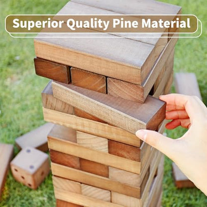 ApudArmis Giant Tumble Tower (Stack from 2Ft to Over 4.2Ft), 54 PCS Pine Wooden Stacking Timber Game with 1 Dice Set - Classic Block Giant Outdoor Game for Teens Adults Family(Brown) | Non-toxic New Zealand Pine Blocks, Crack-resistant, With dice and bag.