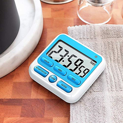 4-in-1 Digital Timer with Count Up/Down, Clock & Alarm, Ring & Silent Modes | Large 2.8-Inch easy-read LCD, On/Off switch, 24-Hour count up/down, Fast-forward function, Magnetic back, stand, hanging hole - color: Blue