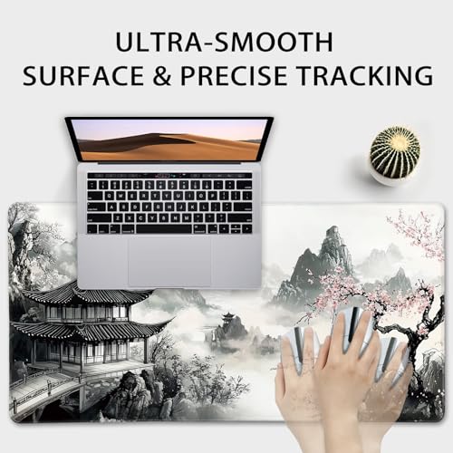 Japanese B&W Cherry Blossoms Gaming Mouse Pad Desk Mat 31.5"x15.7 | Extended Mousepad, Non-Slip Rubber Base , Stitched Edges, for Computer/Laptop/Office/Home - color: Black and White