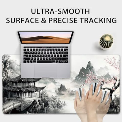 Japanese B&W Cherry Blossoms Gaming Mouse Pad Desk Mat 31.5"x15.7 | Extended Mousepad, Non-Slip Rubber Base , Stitched Edges, for Computer/Laptop/Office/Home - color: Black and White