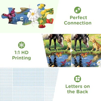 300 Piece Puzzle for Adults, Golden Retriever Horse on Farm Scenic Landscape Jigsaw Puzzle, Jigsaw Puzzles for Adult 300 Piece, Challenging Yet Relaxing 300 Pieces Puzzle Game for Kids Adults Seniors - style: Horse