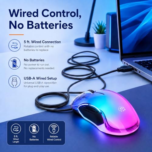 MANHATTAN RGB LED Wired USB Mouse, 12800 DPI, 5 Buttons, Braided | Transparent right-hand USB-A controller with dpi indicator LEDs, quiet wheel and browser thumb keys for PC or laptop