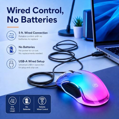 MANHATTAN RGB LED Wired USB Mouse, 12800 DPI, 5 Buttons, Braided | Transparent right-hand USB-A controller with dpi indicator LEDs, quiet wheel and browser thumb keys for PC or laptop