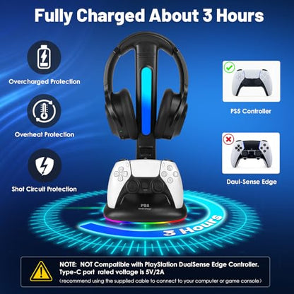 PS5 Controller Charger with RGB Headphone Stand, PS5 Controller Charging Station with 2 USB Port, Headset and Controllers Stand Holder for PlayStation 5, Gaming Gifts for Gamers Men - size: Dual Charger for PS5