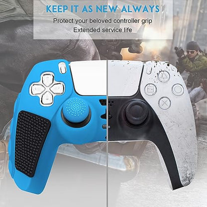 SIKEMAY Anti-Slip PS5 Controller Skin, Soft Thicken Non-Slip Studded Silicone Gel Grip Protective Cover Case for PlayStation 5 Controller Grip, 2 Pack with 8 x Thumb Grip Caps - color: Starlight Blue-Black