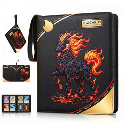 Trading Card Binder 4 Pocket,50 Removable Sleeves Can Hold 400 Cards,Pu Material and Waterproof,3-Ring Zip Design for MTG/TCG/Sport Collectible Trading Card Albums (Flame Dragon Phoenix)