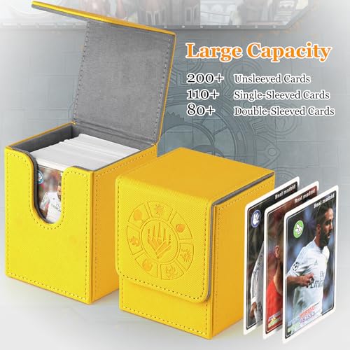 Arkeiliy Card Deck Box, 110+ Storage MTG Deck Box with 50 Pcs Card Sleeve, Collectible Trading Card Cases for Magic Commander and More (Yellow) - color: Yellow