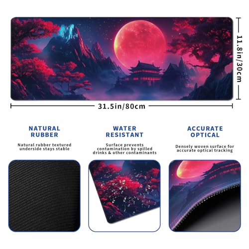 Darkness Red Moon Mouse Pad Abstract Red Mouse Pad 31.5x11.8 Inch Non-Slip Rubber Base Large Mousepad Stitched Edges Keyboard Mouse Mat Desk Pad for Office and Home(3) - color: Darkness Red Moon 3