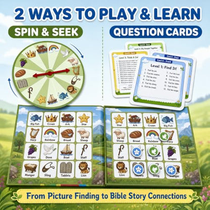 Travofun Magnetic Bible Story Spin & Seek Bingo Game for Kids Ages 3-8 | Portable Christian Learning Toy with Spinner & Question Cards | Interactive Travel Game for Road Trip | Screen Family Activity - style: Bible Bingo