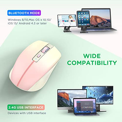 RAPIQUE Bluetooth Wireless Mouse, BT1/BT2+2.4Ghz USB Receiver,Khaki to Pink | 3-Device Switching, USB-C Rechargeable, Quiet Clicks, 800/1200/1600 DPI, 6 Buttons, Ergonomic Grip, For Laptop, MacBook, PC - color: Gradient Khaki to Pink
