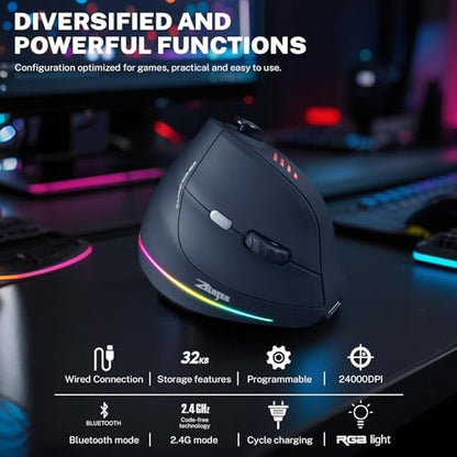 Gaming Mouse with 5 D Rocker, Wireless Vertical Mouse with [24000 DPI] [12 Programmable Buttons], Computer Mouse for Gamer/PC/E-Sports/Laptop (Black) - color: Black