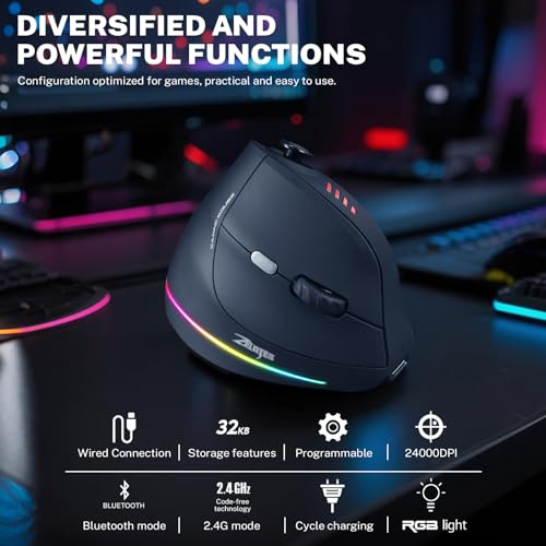 Gaming Mouse with 5 D Rocker, Wireless Vertical Mouse with [24000 DPI] [12 Programmable Buttons], Computer Mouse for Gamer/PC/E-Sports/Laptop (Black) - color: Black