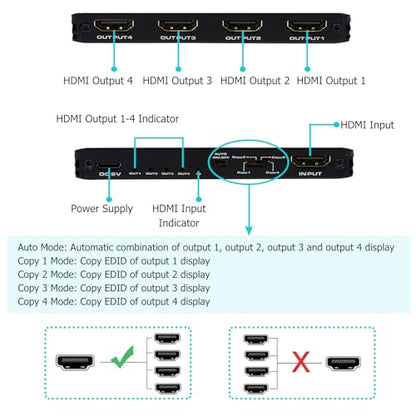 8K@60Hz HDMI Splitter 1 in 4 Out, 1x4 HDMI 2.1 Splitter Support 4K@120Hz, 1080P@240Hz VRR HDCP2.3 HDR 10, 48Gbps EDID Dolby Atmos 7.1ch - size: 1x4