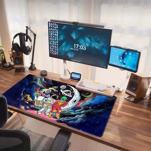 Funny Space Mouse Pad Desk Mat Astronaut Alien Large Gaming Mouse Pads Anime Desk Pad Mousepad XXL Cool Trippy Universe Extended Keyboard Mat with Stitched Edges Anti-Slip, 31.5 X 15.8 in - color: Blue Nebula