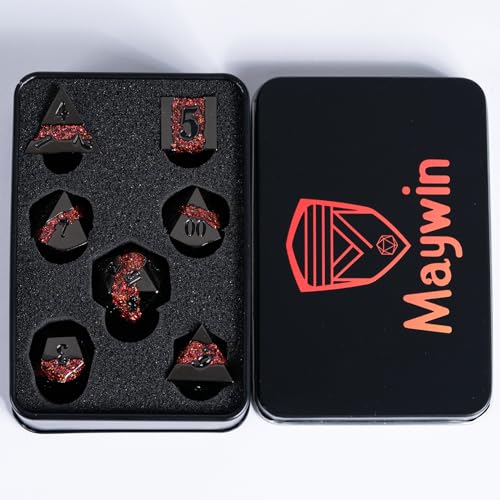 Metal Polyhedral Dice Set, 7PCS RPG Dice with Galaxy Glitter Resin Inlay for Dungeons and Dragons, Pathfinder Tabletop Role Playing Games - color: Black Nickel Red