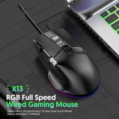 Zunate RGB Wired Gaming Mouse, 12400 DPI, Dual Wheels, 11 Buttons | 7 RGB Modes, 12400 DPI, 1000Hz Polling, 11 Buttons, 20 Macros, Dual Wheels, Ergonomic Wired Design