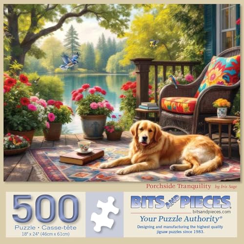Bits and Pieces 500 Piece Puzzles for Adults - Porchside Tranquility - Large 18" x 24" Jigsaw Puzzles 500 Pieces Golden Retriever Dog Lake, No 2 Pieces Alike - size: 1000 Piece Puzzle