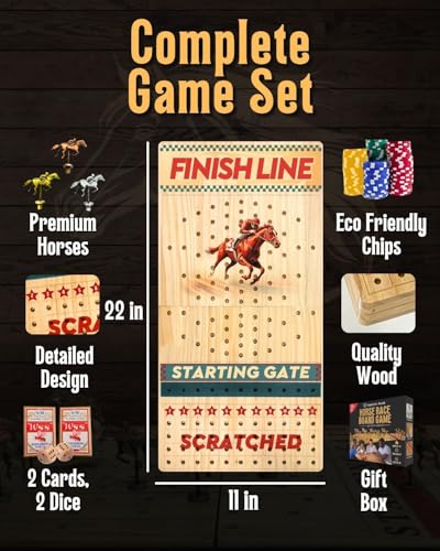 Horse Racing Board Game - Large 22 Inches Folding Horse Race Game Board Adult - Exciting Family Racing Set with Built-in Storage for Premium Chips, 2 Sets of Cards, 2 Dice, and 11 Metal Derby Tokens - style: Finish Line