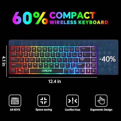 CHONCHOW 60% Wireless Gaming Keyboard and Mouse Combo,LED Backlit | Rechargeable 2000mAh Battery, Portable 68 Keys Waterproof Small Compact Keyboard Mice for PC/Mac Gamer(Wireless)