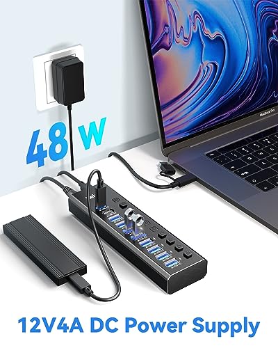 Powered USB Hub 3.2, LEINSIS 10-Port USB 3.2/USB C Hub (10Gbps USB-A 3.2 +2 USB-C 3.2 +7 USB 3.0 Ports) with Individual On/Off Switches and 12V Power Adapter, Aluminum USB Hub Powered for Laptop PC - size: 10-Port USB 3.2 Hub