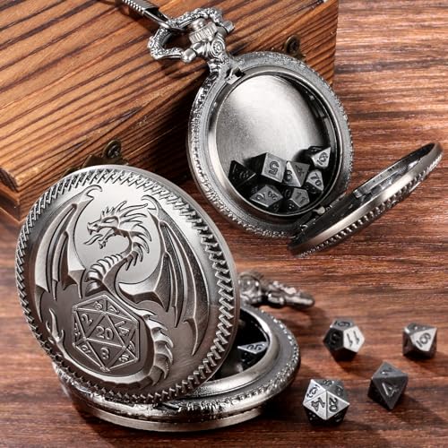 Mini DND Dice Set with Dragon Engraved Pocket Watch Shell Case, 7pcs Polyhedral Metal D&D Dice Set, DND Gifts with Gift Box, Role Playing Board Games Accessories, Dark Silver - color: Dark Silver
