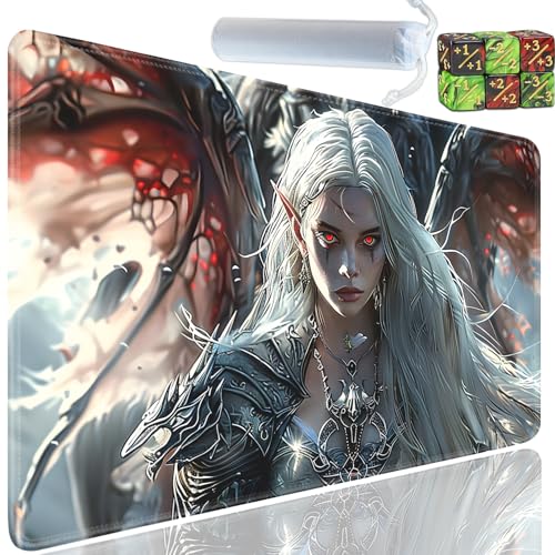 Playmat for MTG, 24x14 Inches Playmats, for TCG and CCG Trading Card Game Mat, Non-Slip Rubber for MTG Playmats with A Storage Bag and 6 Dice Set, Anime Angel Girl Pattern - color: Yu-Playmat-1-D104