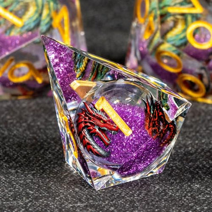 KERWELLSI Liquid Core Dragons Pattern Dice, Resin DND Dice Set with Gift Box, Purple and Gold Sharp Edged Dungeons D&D Dice, Role Playing Game Dice D20 D12 D10 D8 D6 D4 - color: Purple and Gold