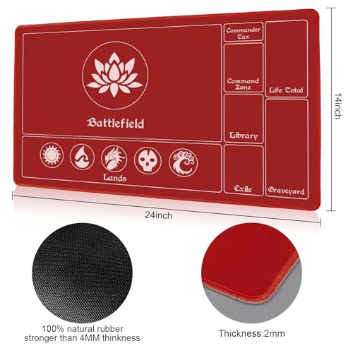 Biouai MTG Playmat Stitched with Magic Zones, Game Mats Tabletop 24x14 inch for MTG/TCG Card Battles Commander Deck Gaming Desk Mat Duel Mat Card Gameplay Mats for Beginner (24 x 14 in) - color: Lotus_ Black & Red