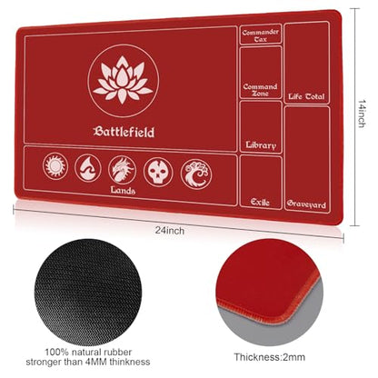 Biouai MTG Playmat Stitched with Magic Zones, Game Mats Tabletop 24x14 inch for MTG/TCG Card Battles Commander Deck Gaming Desk Mat Duel Mat Card Gameplay Mats for Beginner (24 x 14 in) - color: Lotus_ Black & Red