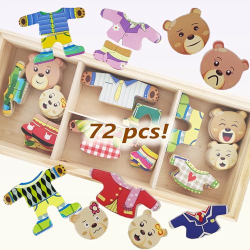 Wooden Bear Family Dress-up Puzzle Box for Toddlers(72pcs),Change Clothes Puzzle Games, Preschool Learning Activities Toys for Kids Ages 3+ - color: Bear