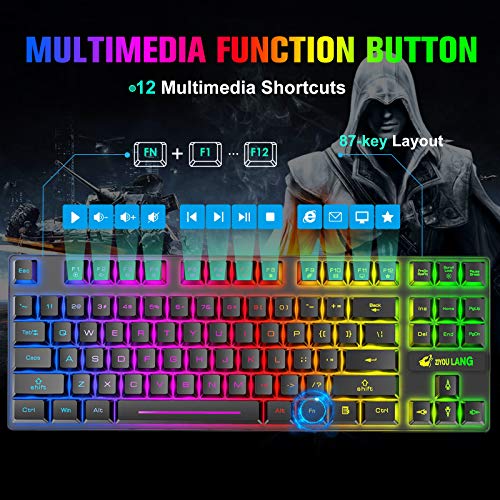 Wireless Membrane Gaming Keyboard and Mouse Set with 87Key Tenkeyless-Black | Rainbow LED Backlight,Rechargeable 3800mAh Battery,Anti-ghosting,Ergonomic,Waterproof,RGB Mute Mice for Computer PC Mac Gamer - color: Black