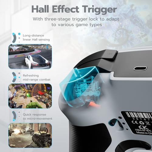 ISHAKO Wireless Gaming Controller with Hall Effect Joysticks&Triggers, 1200mAh Battery, 1000Hz Polling Rate, 4 Back Buttons, RGB Lighting – Works with PC Windows/Mac/Steam/Luna/Tesla/Switch- White - color: Silver