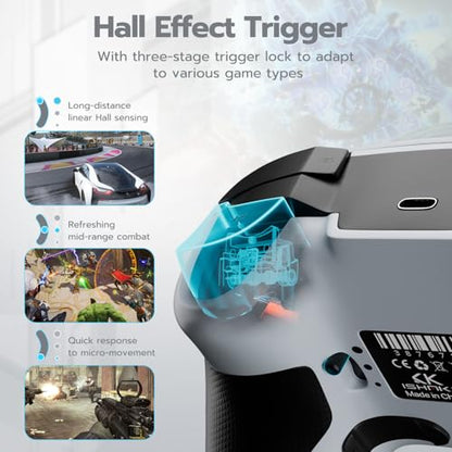 ISHAKO Wireless Gaming Controller with Hall Effect Joysticks&Triggers, 1200mAh Battery, 1000Hz Polling Rate, 4 Back Buttons, RGB Lighting – Works with PC Windows/Mac/Steam/Luna/Tesla/Switch- White - color: Silver